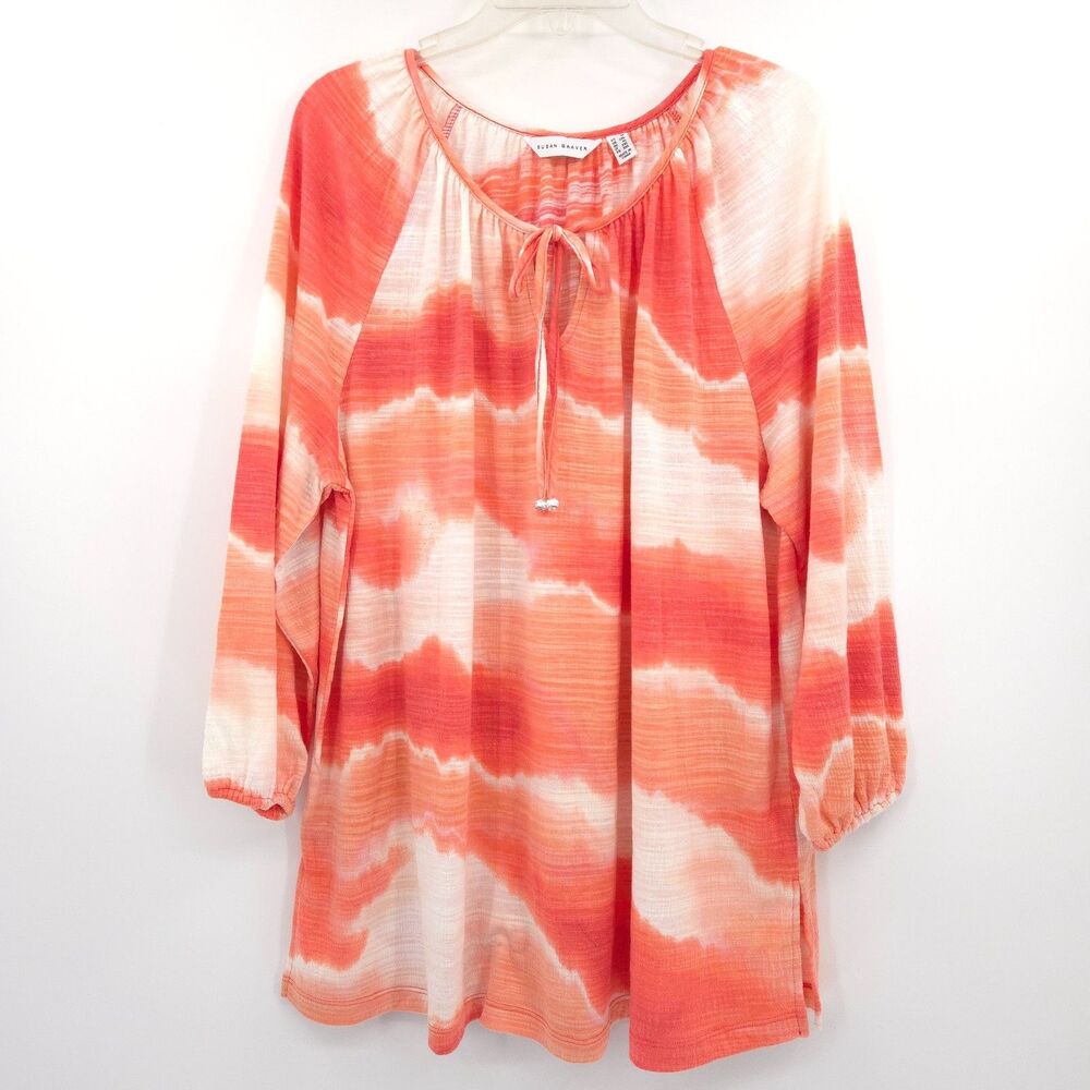 Susan Graver tuinic top‎ Tie Dye Print Size 1X Crinkle Knit Long Sleeve orange